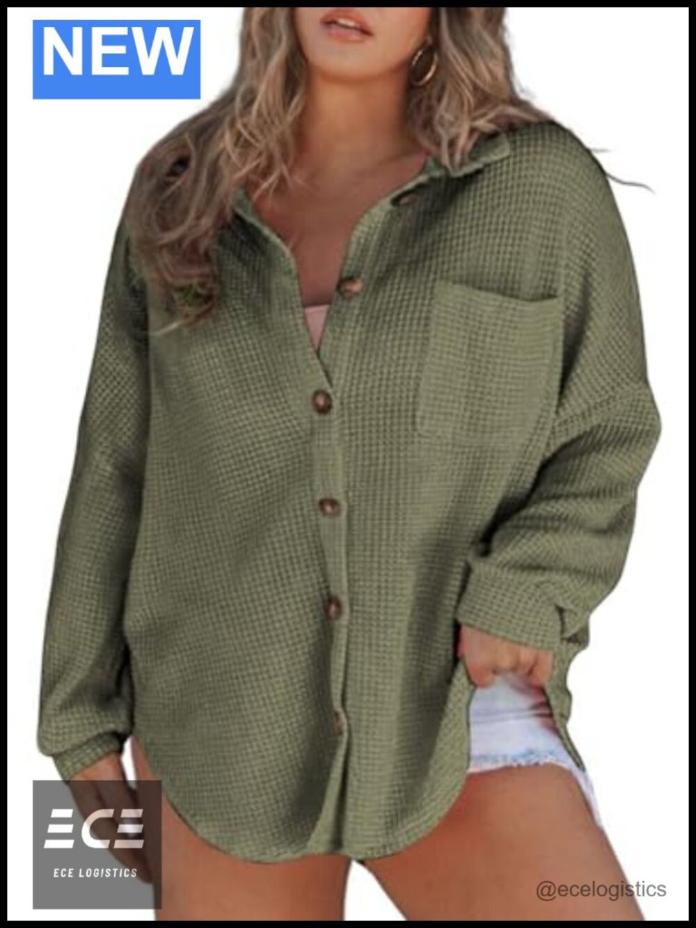 Plus Size Waffle Knit Button Down Boyfriend Shacket Oversized Long Sleeve Shirt